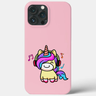 Happy smiling baby unicorn with headphones.  iPhone 13 pro max case
