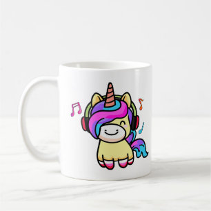 Happy smiling baby unicorn with headphones.  coffee mug