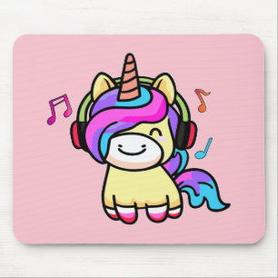 Happy smiling baby unicorn with headphones.  mouse pad