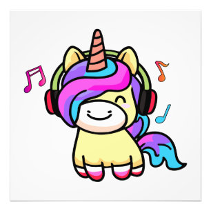 Happy smiling baby unicorn with headphones.  photo print