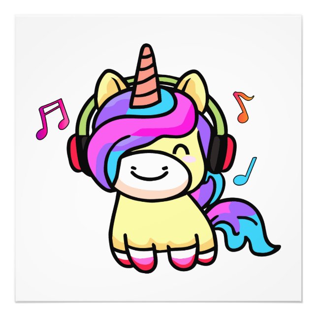 Happy smiling baby unicorn with headphones.  photo print (Front)