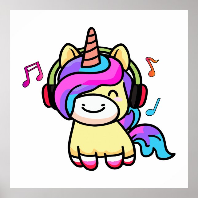 Happy smiling baby unicorn with headphones.  poster (Front)