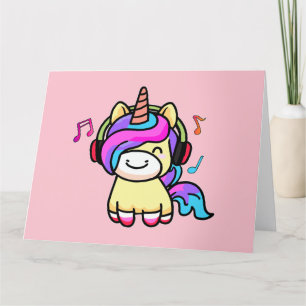 Happy smiling baby unicorn with headphones. thank you card