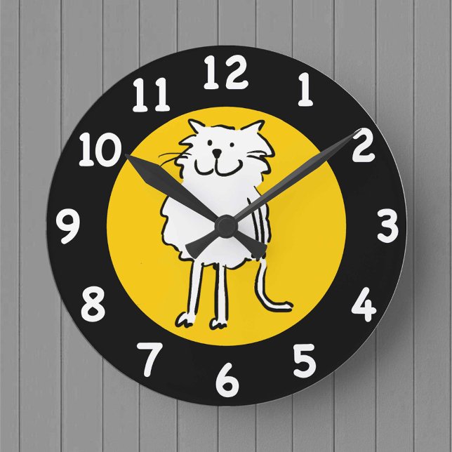 Happy Smiling Cat as a Fun Cartoon Illustration Round Clock (Creator Uploaded)