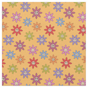 Happy Smiling Colourful Retro flowers on Yellow  Fabric
