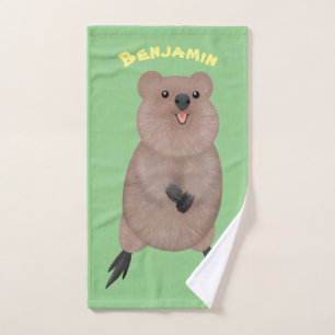 Happy smiling cute quokka cartoon design bath towel set