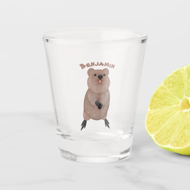 Happy smiling cute quokka cartoon design  shot glass (Front)