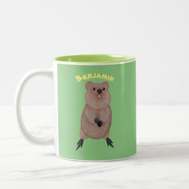 Happy smiling cute quokka cartoon design Two-Tone coffee mug (Left)