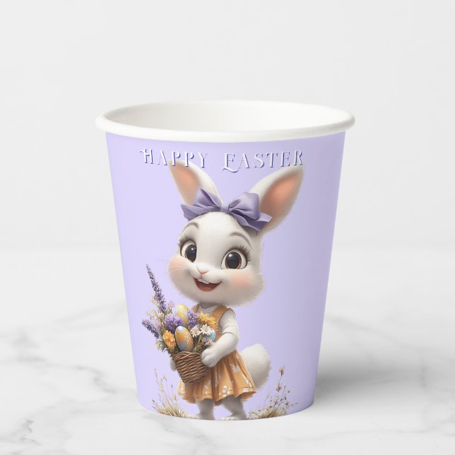  Happy Smiling Easter Bunny Eggs Lavender Bow  Paper Cups (Front)