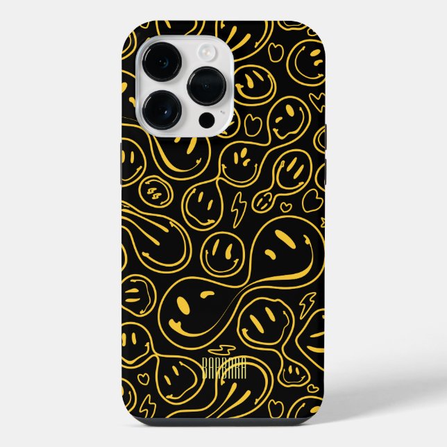 Happy Smiling Face Smile Pattern Yellow Black iPhone Case (Back)