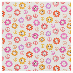 Happy Smiling Flowers pattern with peace signs Fabric
