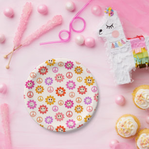 Happy Smiling Flowers pattern with peace signs  Paper Plate