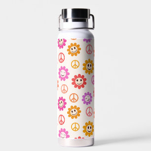 Happy Smiling Flowers with peace signs Custom name Water Bottle