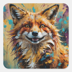 Happy Smiling Fox - Paint Splatter abstract Square Sticker
