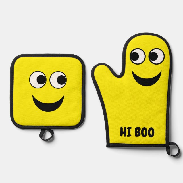 Happy Smiling Friendly Cartoon Oven Mitt & Pot Holder Set (Front)