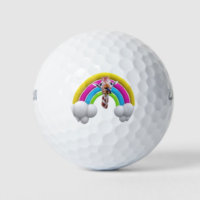 Happy Smiling Giraffe, Rainbow, Clouds, Golf Balls (Front)
