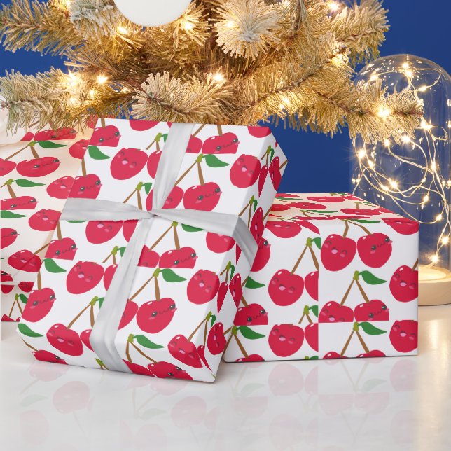 Happy Smiling Kawaii Cherry Fruit Wrapping Paper (Holidays)