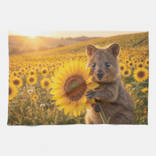 Happy Smiling Quokka Holding a Sunflower Tea Towel