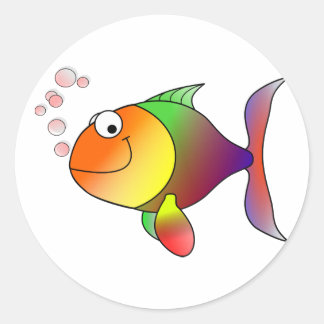Happy Smiling Rainbow Fish and Bubbles Classic Round Sticker