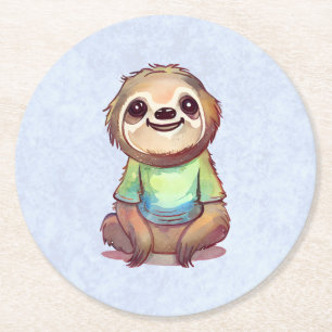 Happy Smiling Sloth Sitting Relaxed Round Paper Coaster