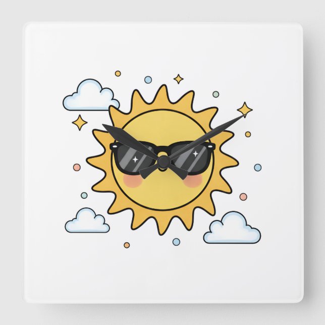 Happy Smiling Sun Cartoon - Minimalist Kawaii Suns Square Wall Clock (Front)
