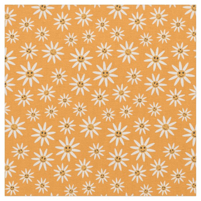 Happy smiling white flowers pattern on orange fabric (Close Up)