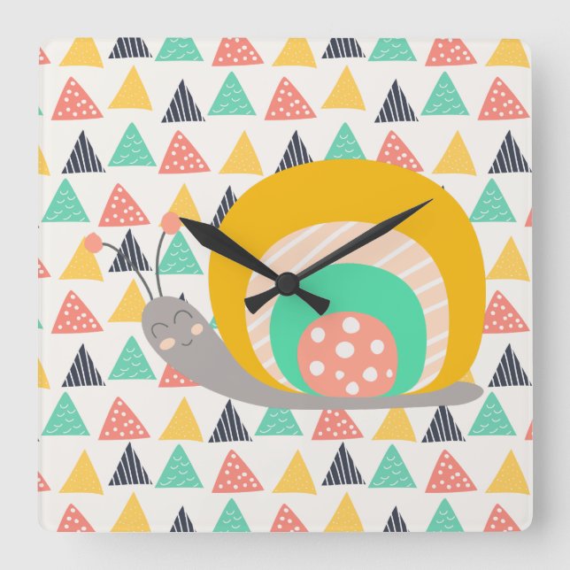 Happy Snail on Triangles Square Wall Clock (Front)