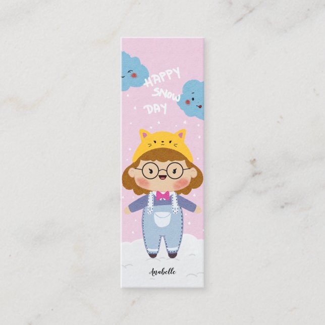 Happy Snow Day Illustration Name Bookmark Mini Business Card (Front)