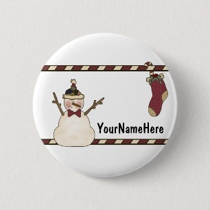Happy Snowman And Christmas Stocking 6 Cm Round Badge