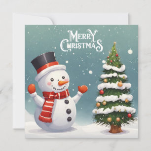 Happy Snowman and Christmas Tree Holiday Card