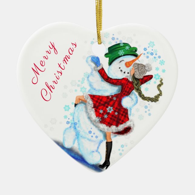 Happy Snowman and Girl Dance Tango Christmas Dance Ceramic Tree Decoration (Front)