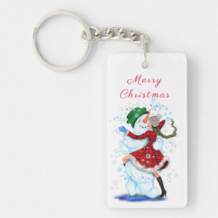 Happy Snowman and Girl Dance Tango Christmas Dance Key Ring