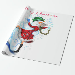Happy Snowman and Girl Dance Tango Christmas Fun Wrapping Paper