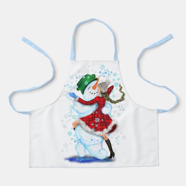 Happy Snowman and Girl Dance Tango Christmas Party Apron (Front)