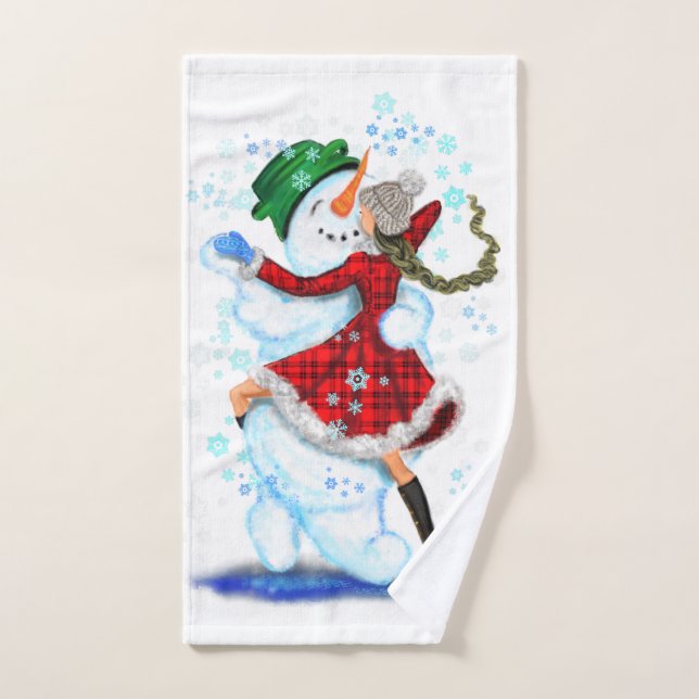 Happy Snowman and Girl Dance Tango Christmas Party Bath Towel Set (Hand Towel)