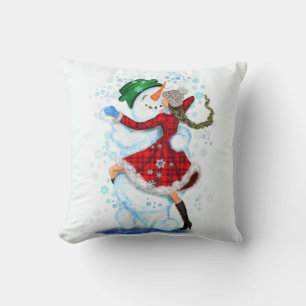 Happy Snowman and Girl Dance Tango Christmas Party Cushion