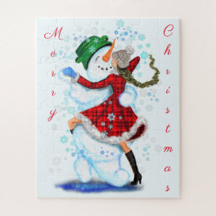 Happy Snowman and Girl Dance Tango Christmas Party Jigsaw Puzzle