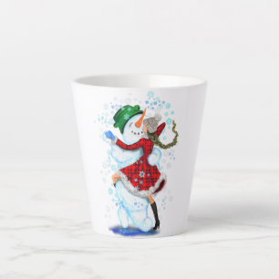 Happy Snowman and Girl Dance Tango Christmas Party Latte Mug