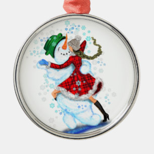 Happy Snowman and Girl Dance Tango Christmas Party Metal Tree Decoration