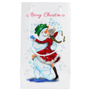 Happy Snowman and Girl Dance Tango Christmas Party Small Gift Bag