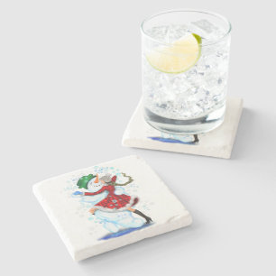 Happy Snowman and Girl Dance Tango Christmas Party Stone Coaster