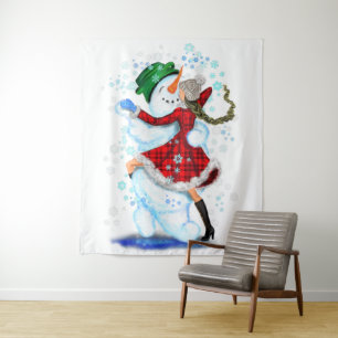 Happy Snowman and Girl Dance Tango Christmas Party Tapestry