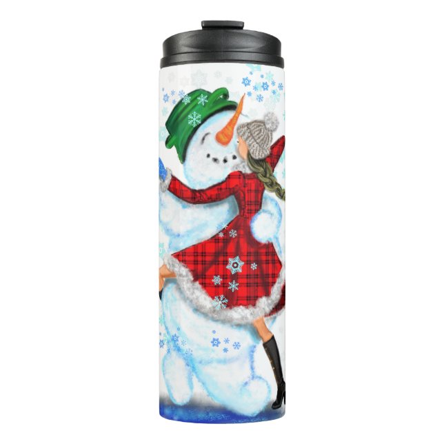 Happy Snowman and Girl Dance Tango Christmas Party Thermal Tumbler (Front)