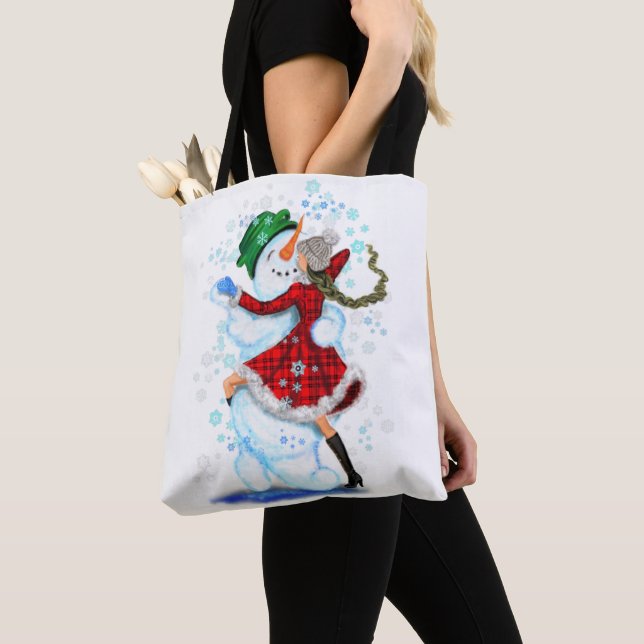Happy Snowman and Girl Dance Tango Christmas Party Tote Bag (Close Up)