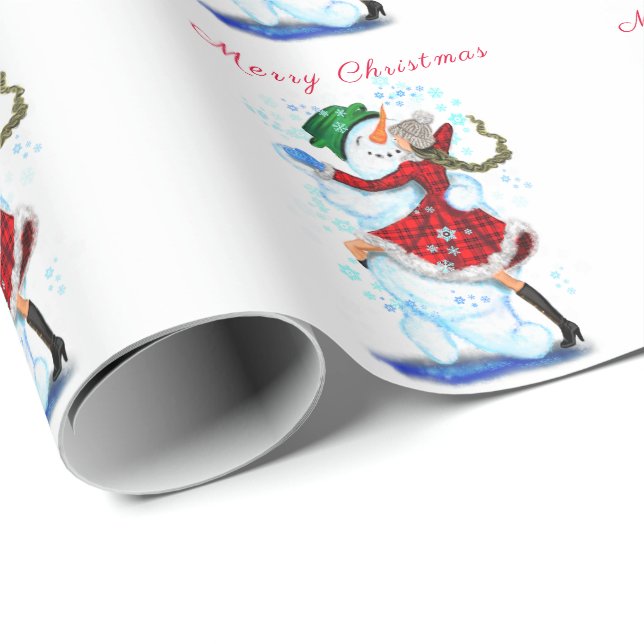 Happy Snowman and Girl Dance Tango Christmas Party Wrapping Paper (Roll Corner)