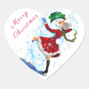 Happy Snowman and Girl Dancers Christmas Sticker