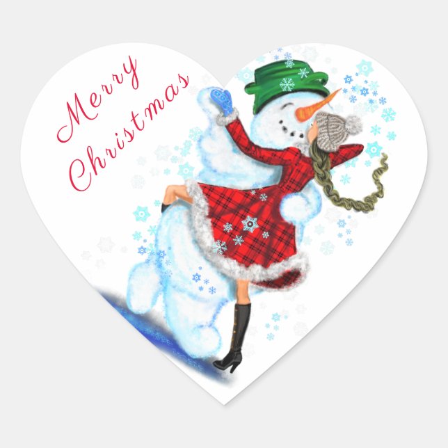 Happy Snowman and Girl Dancers Christmas Sticker (Front)