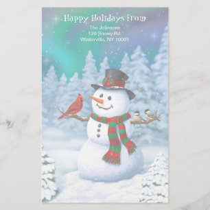 Happy Snowman and Winter Birds Stationery