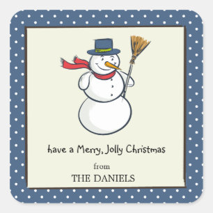 Happy snowman blue polka dots holiday sticker