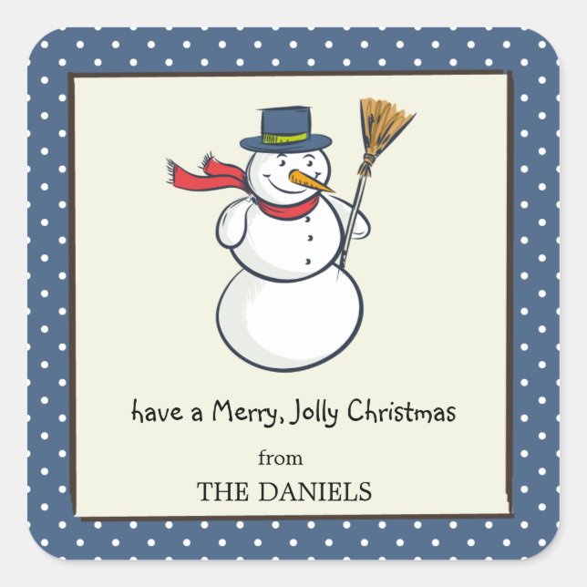 Happy snowman blue polka dots holiday sticker (Front)